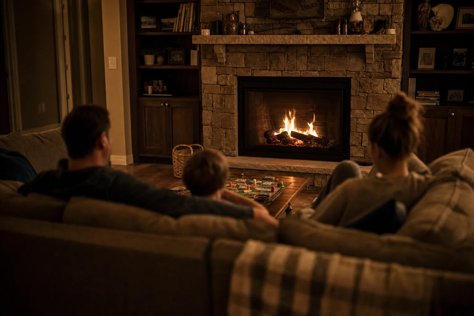 A family spread across a sofa in front of a lit gas fireplace, a board game on the coffee table