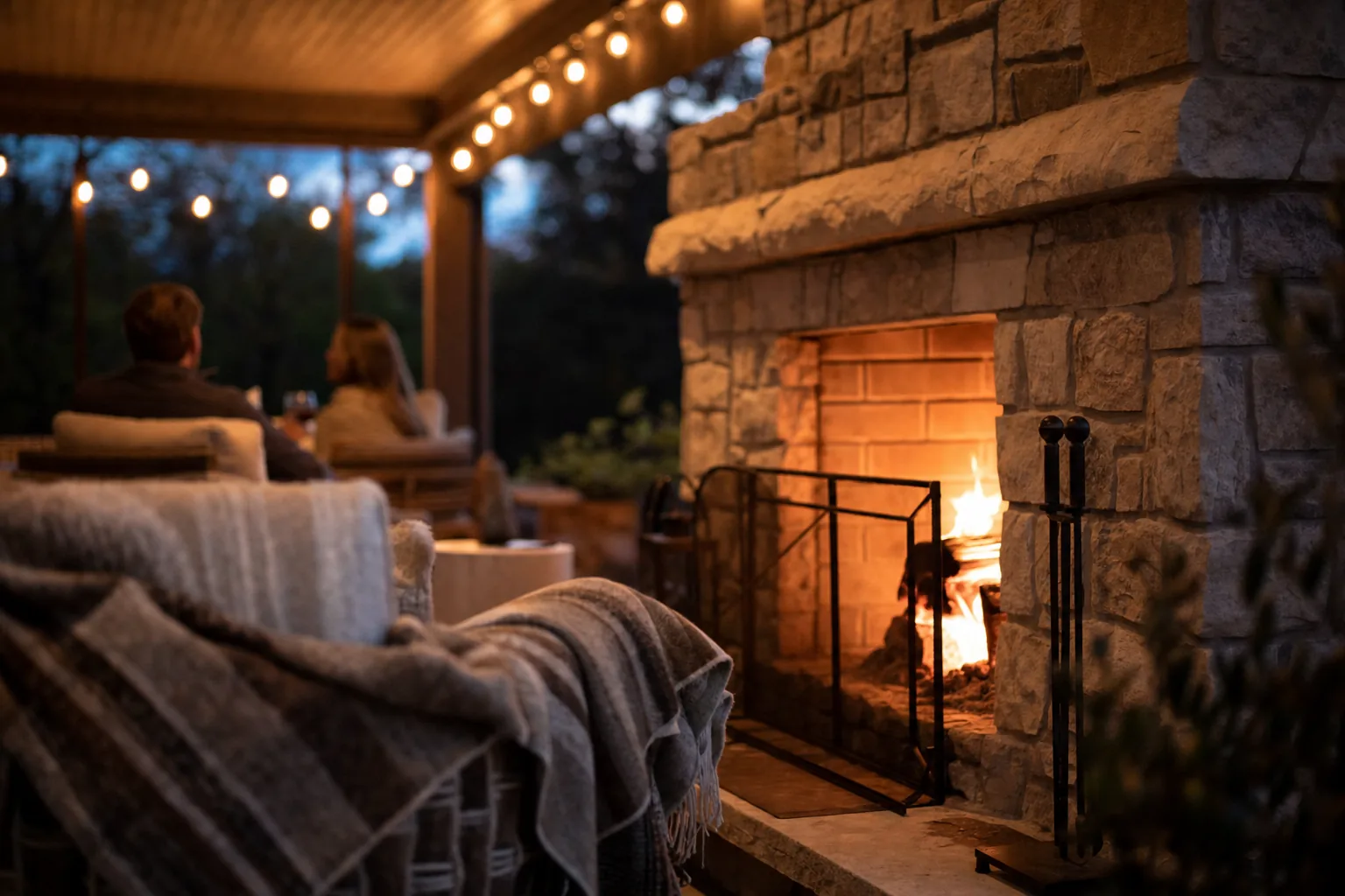 An outdoor stone fireplace alight on a covered patio at dusk, with seating and a wool throw