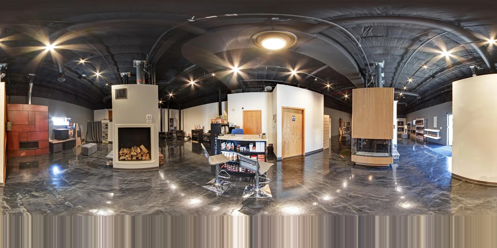 A 360° view inside the Fireplace Creations showroom in Waterloo, Iowa
